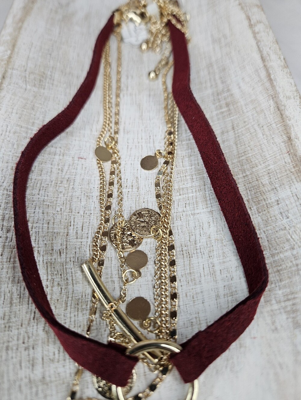 NWOT Burgundy Suede Gold Layered Choker Necklace Set Multi Strand 12-16" - Picture 8 of 10